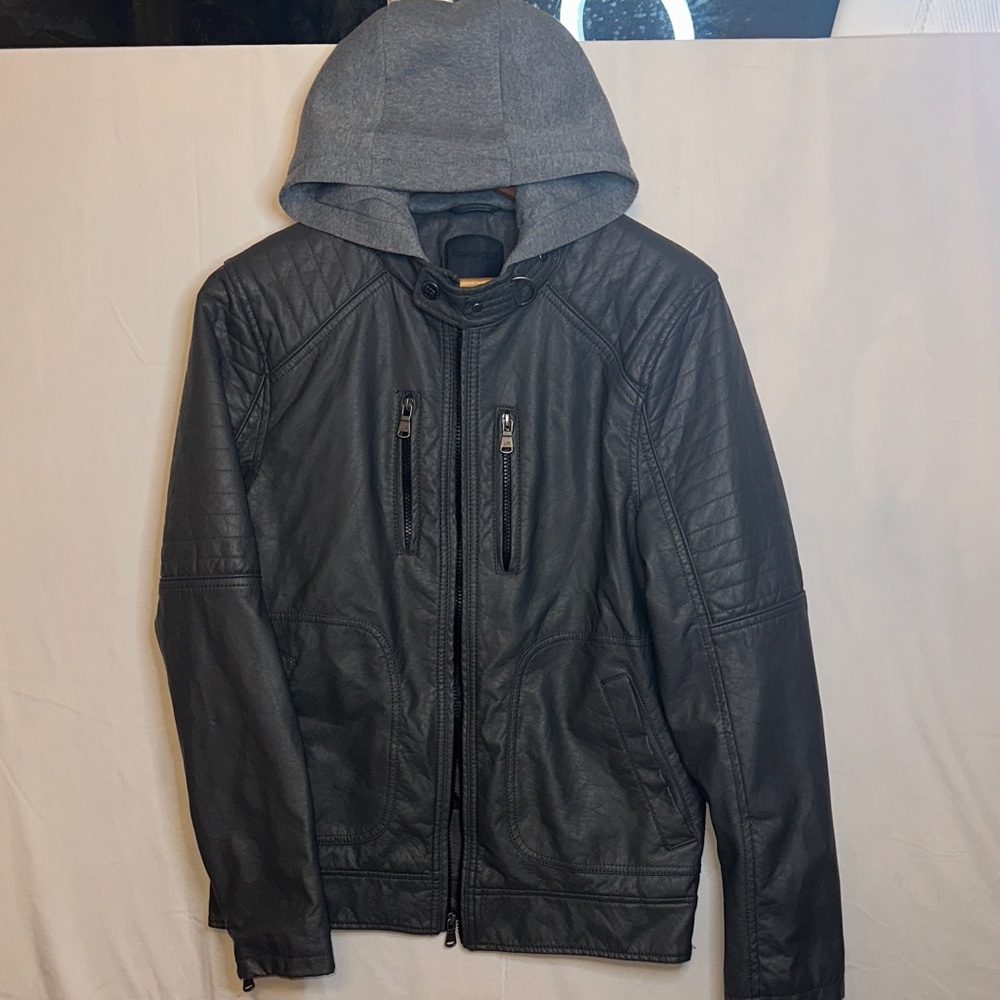 Urban Republic Dark Grey Faux Leather Biker with Gray Hood